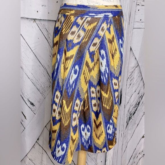 Tory Burch Blue Yellow Jemima Ikat Metallic Linen Pencil Skirt Size 12 - Picture 3 of 8